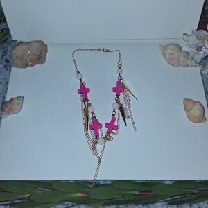 Asymmetrical Boho Fringle Chain Pink Cross Beaded Cocker Necklace Gold Tone